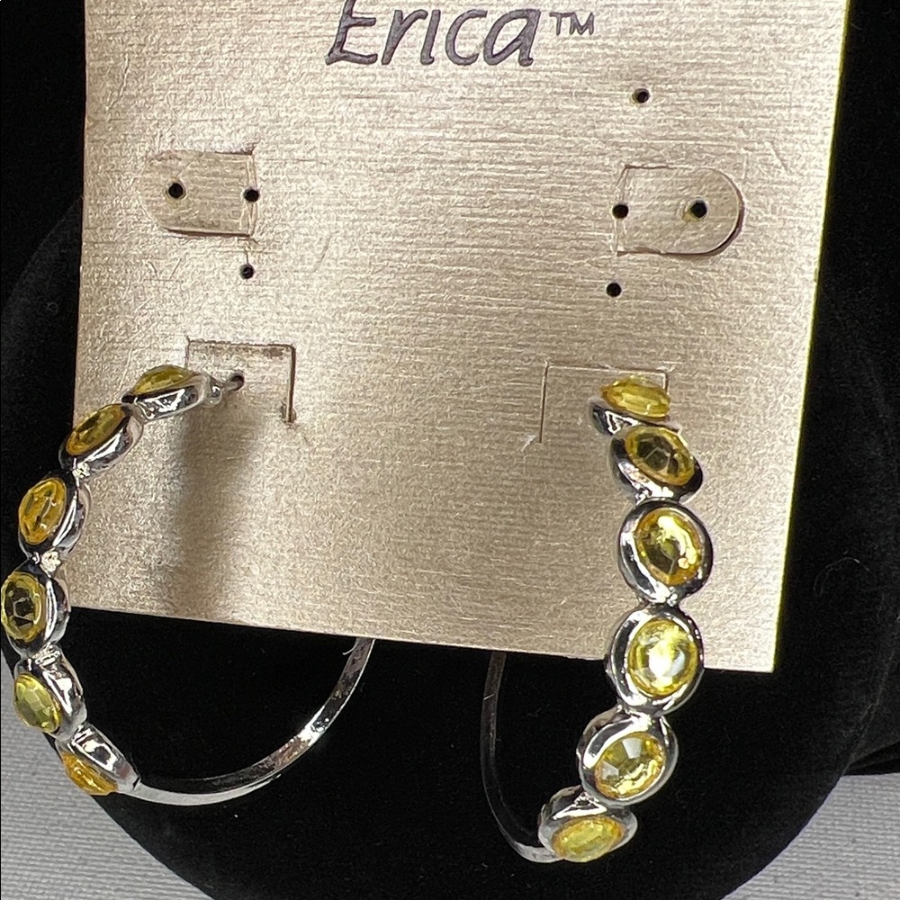 Erica Yellow Crystal Hoop Earrings - Silver Tone